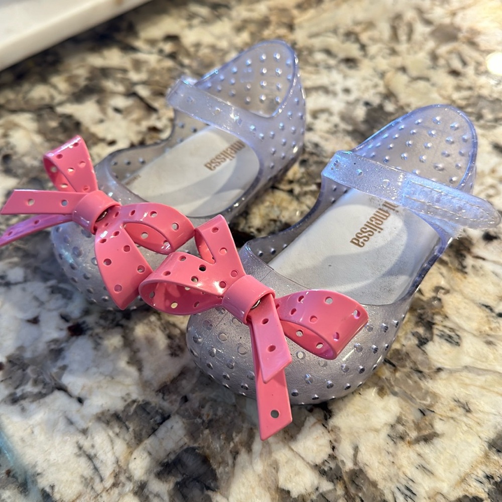 Mini Melissa Clear Silver Jelly Mary Jane with Pink Bow Size 5
